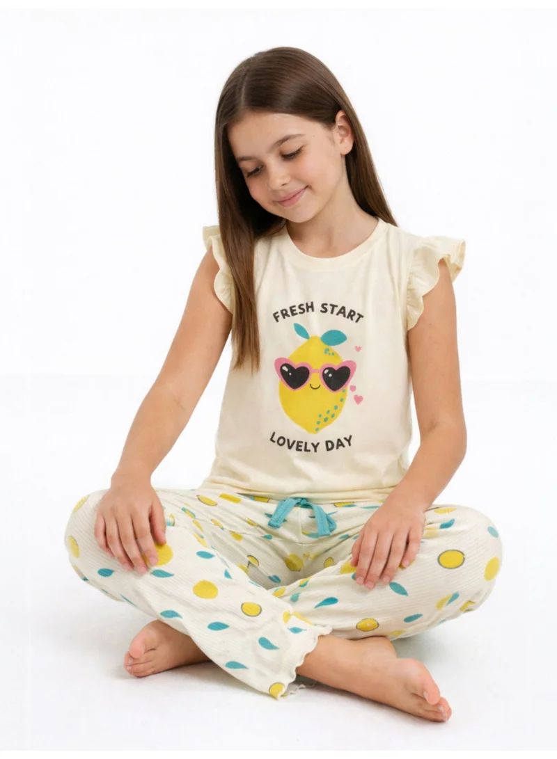 Victor And Jane Cotton Girls’ Pajama Set – “Hello Summer” Frill Sleeve Top & Lemon Print Pants for Women | Best Price UAE